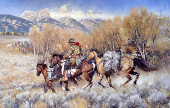 Картинка небо, деревья, пейзаж, горы, картина, лошади, ковбой, прерия, Carter Gary, Return Of The Bossloper