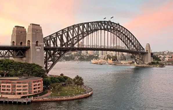 Картинка закат, мост, город, Австралия, залив, Сидней, Australia, Sydney, Sydney Harbour Bridge, Харбор-Бридж, флаги., Порт-Джэксон