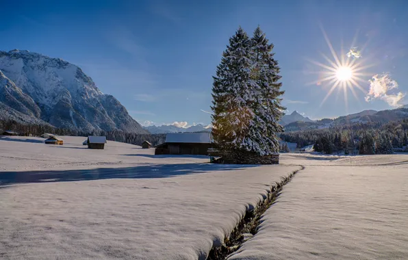 Картинка зима, снег, деревья, горы, дома, Германия, Бавария