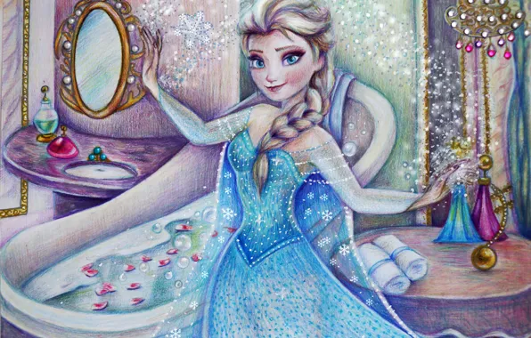 Картинка девушка, рисунок, платье, Frozen, Disney, art, Elsa, Холодное сердце