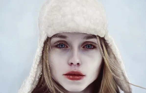 Картинка зима, взгляд, девушка, снег, лицо, шапка, арт, губы