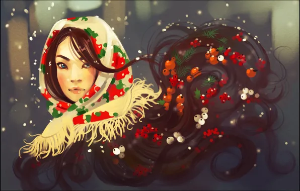 Картинка зима, взгляд, девушка, лицо, ягоды, волосы, платок