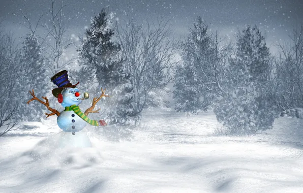Картинка зима, снег, деревья, пейзаж, горы, природа, дом, новый год, рождество, снеговик