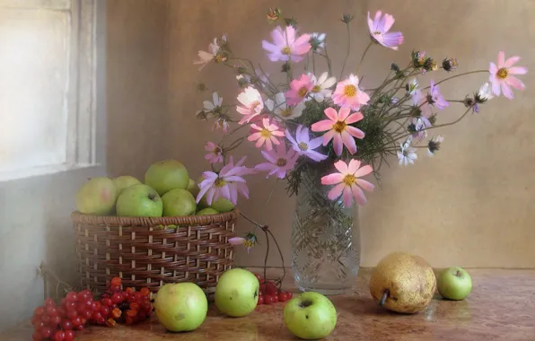 Картинка осень, цветы, ягоды, яблоки, букет, фрукты, натюрморт, композиция, калина, космея, ноябрь