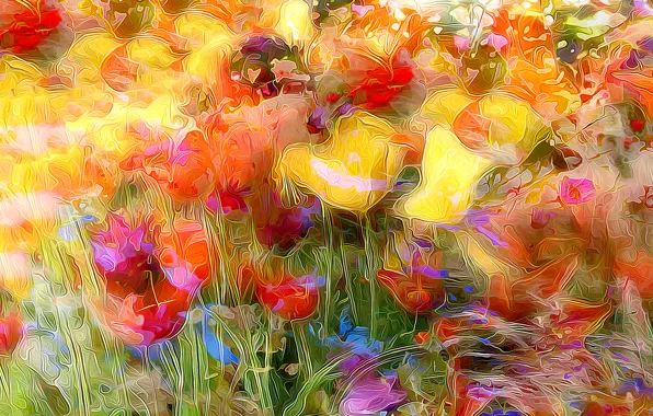 Картинка поле, цветы, природа, рендеринг, мак, тюльпан, луг