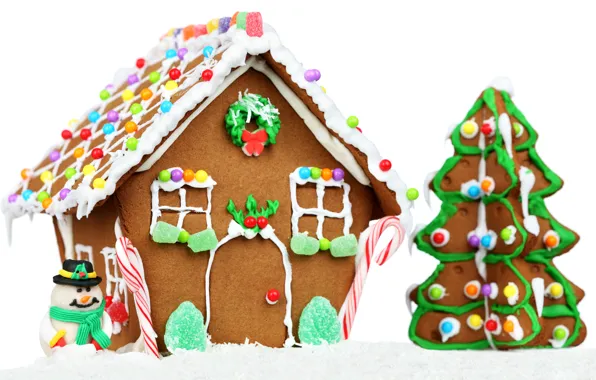 Картинка дом, праздник, шары, елка, новый год, торт, снеговик, новогодние игрушки, съедобно