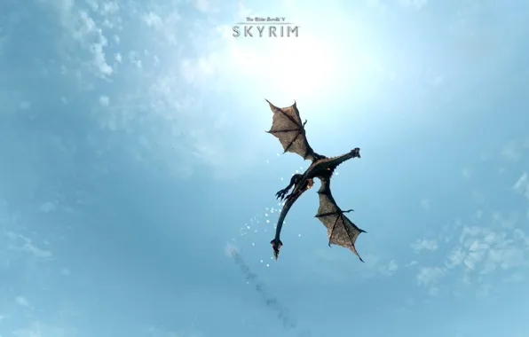 Картинка небо, полет, голубое, дракон, игра, крылья, The Elder Scrolls V: Skyrim