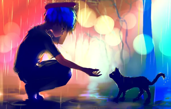 Картинка кот, огни, дождь, рука, аниме, арт, лужи, парень, kayas
