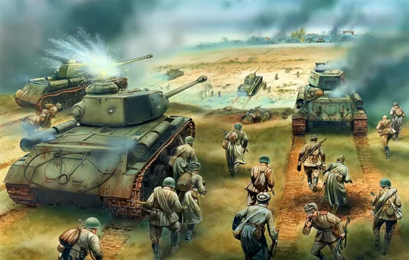 Картинка солдаты, танки, наступление, Т-34-85, Красная Армия