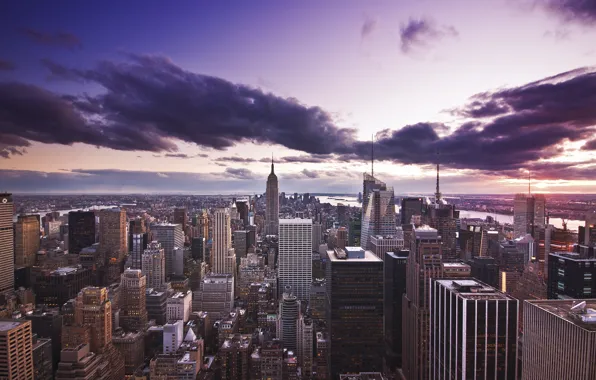 Картинка небо, облака, города, дома, вечер, сумерки, сша, небоскрёбы, u.s.a., нью-йорк usa, фотографии городов, вечерние города