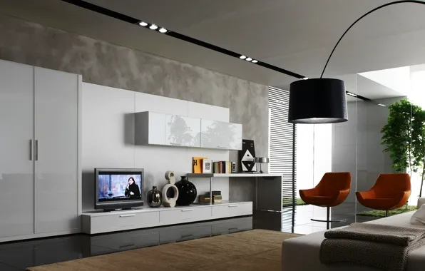 Картинка дизайн, стиль, комната, мебель, лампа, интерьер, телевизор, кресла, белая, шкаф
