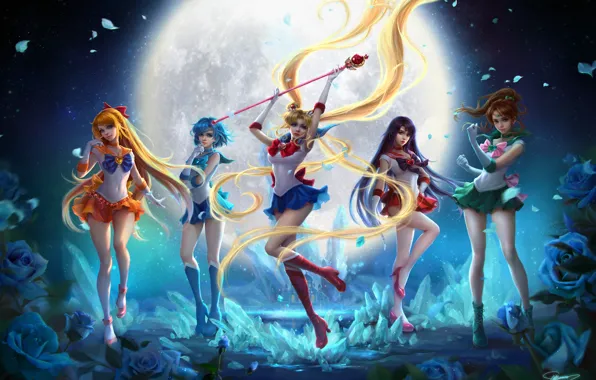 Картинка небо, звезды, цветы, ночь, девушки, луна, розы, аниме, арт, sailor mars, Bishoujo Senshi Sailor Moon, …