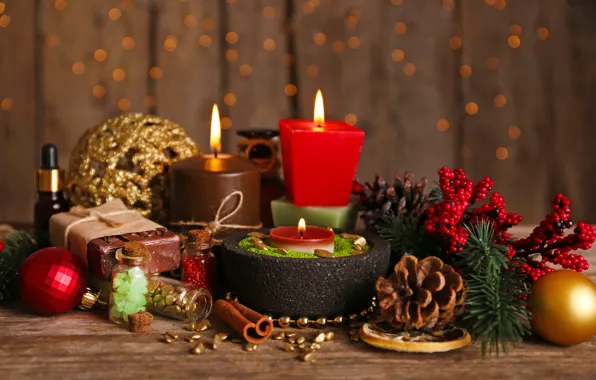 Картинка украшения, ветки, стол, огонь, праздник, шары, игрушки, свечи, Новый год, шишки