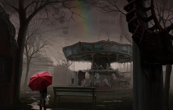 Картинка белый, девушка, дождь, игрушка, радуга, зонт, кролик, арт, аттракцион, карусель, скмейка