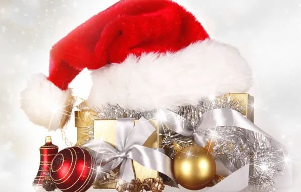 Картинка шарики, украшения, ленты, шары, шапка, игрушки, Новый Год, Рождество, подарки, красная, шишки, золотые, праздники, коробки, …