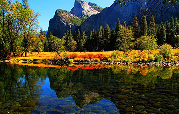 Картинка осень, лес, деревья, горы, озеро, камни, Калифорния, США, Yosemite National Park