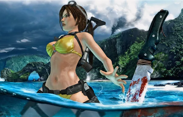 Картинка купальник, вода, поза, оружие, кровь, остров, нож, Tomb Raider, lara croft, Far Cry 3
