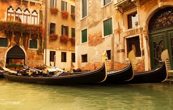 Картинка вода, цветы, окна, дома, венеция, италия, гондолы