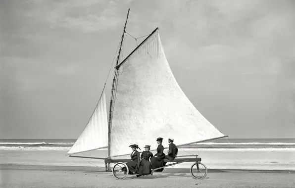 Картинка ретро, дамы, колеса, парус, США, 1900-й год, буер
