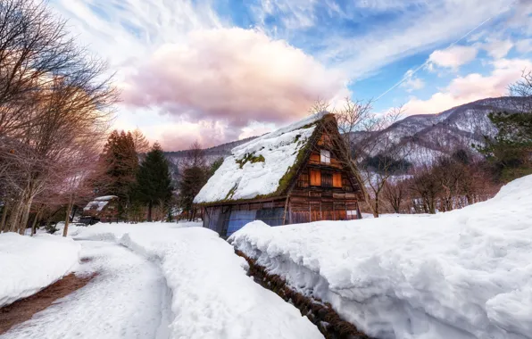 Картинка зима, дорога, снег, дом