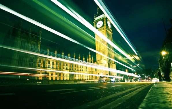 Картинка дорога, машины, города, часы, дороги, англия, лондон, вечер, фотографии, великобритания