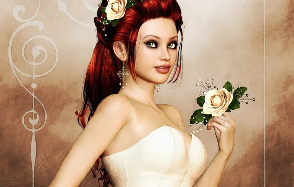 Картинка взгляд, девушка, цветы, лицо, рендеринг, фон, рука, серьги, прическа, корсет, плечи, красные волосы