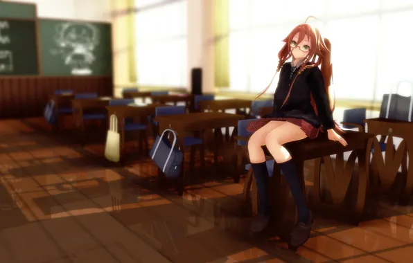 Картинка девушка, очки, форма, класс, vocaloid, школа, парты, сидя, rongsama