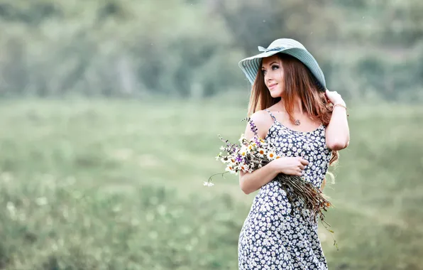 Картинка девушка, цветы, шляпка