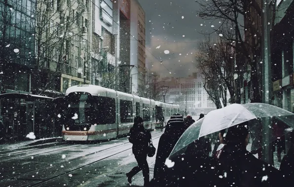 Картинка снег, люди, зонты, трамвай