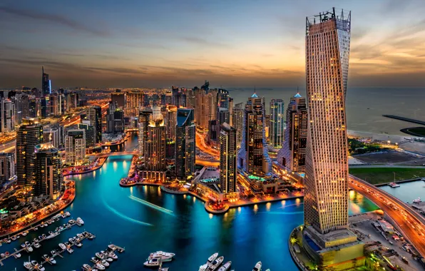 Картинка city, lights, Дубаи, Dubai, night, hotel, skyscrapers, building, harbour, travel, splendor, arab emirates