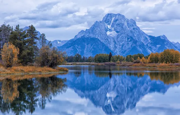 Картинка осень, лес, небо, вода, облака, деревья, тучи, гладь, отражение, река, утро, Вайоминг, USA, США, Wyoming, …