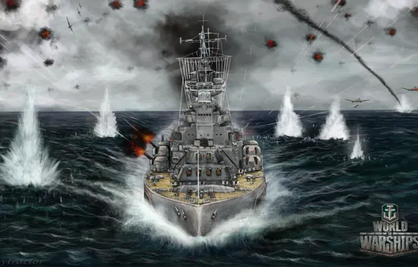 Картинка море, корабль, взрывы, бой, арт, самолеты, сражение, World Of Warship