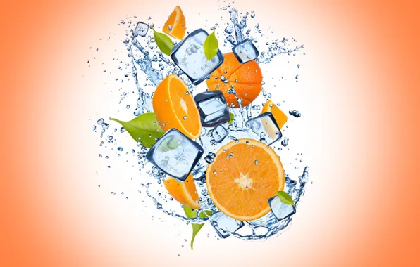 Картинка лед, вода, капли, апельсин, ice, оранжевый фон, water, дольки, orange, drops, cloves, orange background