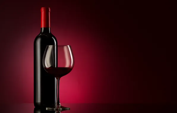 Картинка стекло, фон, вино, красное, бокал, бутылка, алкоголь, бордовый