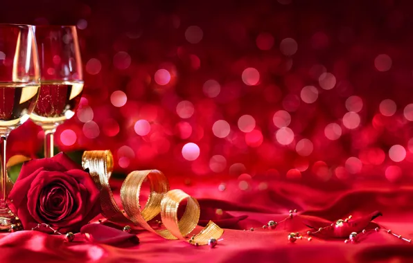 Картинка вино, розы, лепестки, бокалы, лента, шампанское, бутоны, тесьма, День Святого Валентина