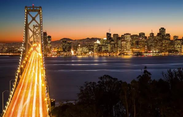 Картинка горы, ночь, мост, город, огни, рассвет, мегаполис, San Francisco, Bay Bridge, Yerba Buena Island, неоскребы