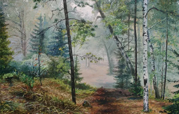 Картинка пейзаж, природа, туман, картина, живопись, тропинка, Луценко, утренний лес