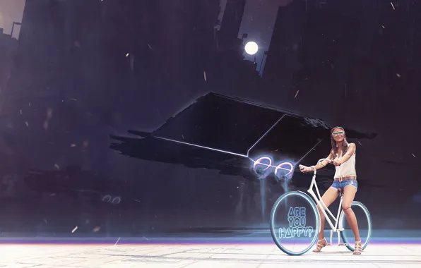 Картинка девушка, велосипед, луна, арт, очки, колеса, киборг