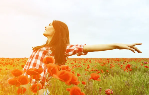 Картинка поле, свобода, листья, девушка, солнце, радость, цветы, красный, улыбка, фон, обои, настроения, женщина, мак, растения, …