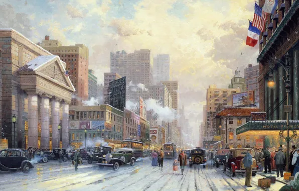 Картинка зима, снег, машины, city, город, улица, проспект, дома, Нью-Йорк, флаг, США, отель, живопись, автомобили, art, …