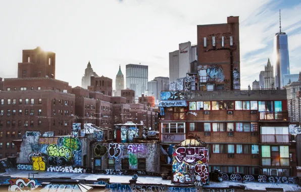 Картинка граффити, здания, дома, Небоскребы, City, США, Нью Йорк, Urban, New York, NYC, Layers