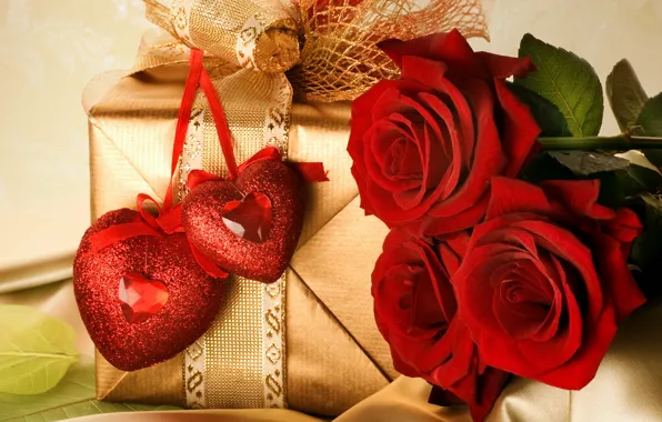 Картинка любовь, цветы, золото, праздник, коробка, подарок, чувства, розы, пара, лента, сердечки, красные, бантик, день святого …
