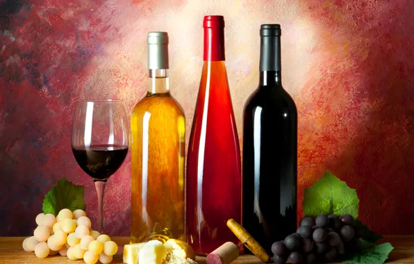 Картинка вино, бокал, сыр, хлеб, виноград, пробка, бутылки, натюрморт, штопор