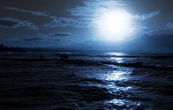 Картинка море, волны, лучи, ночь, блики, отражение, люди, луна, доски, свечение, серфинг