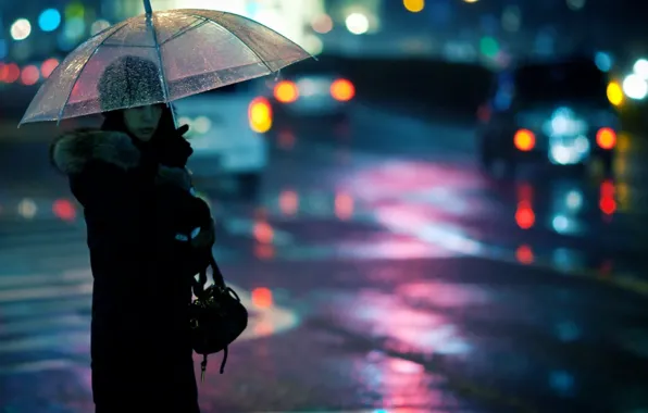 Картинка девушка, город, вечер, зонт