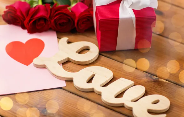 Картинка любовь, буквы, подарок, сердце, розы, бутоны, День Святого Валентина