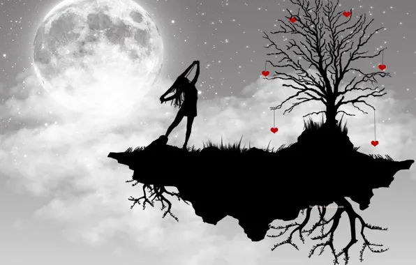 Картинка девушка, дерево, луна, вектор