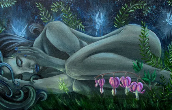Картинка девушка, цветы, природа, лицо, фантастика, лежит, живопись, феи, синие волосы