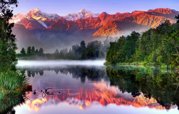 Картинка лес, небо, отражения, горы, озеро, Новая Зеландия, Южный остров, Национальный парк Вестленд, Lake Matheson, Южные …
