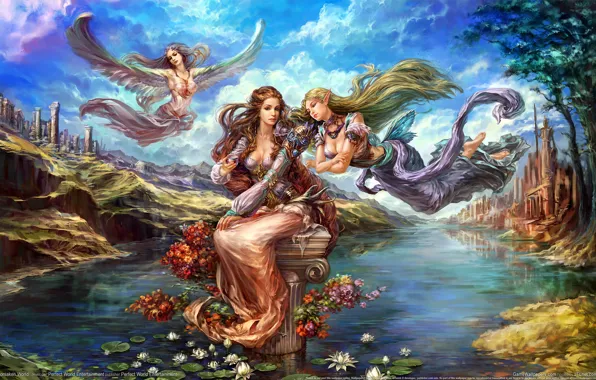 Картинка цветы, пруд, девушки, эльф, крылья, фея, лотос, forsaken world